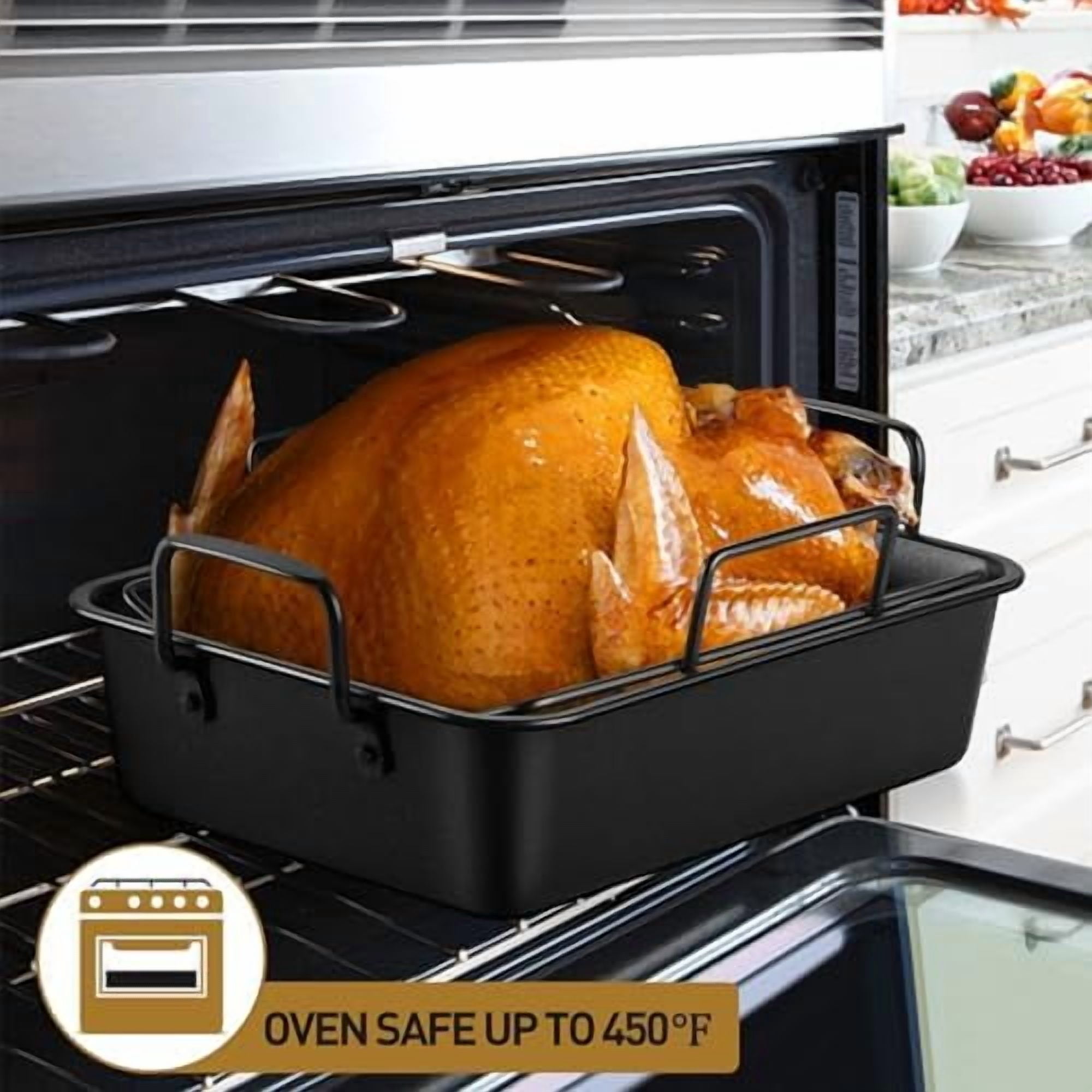 16" Roaster Roasting Pan with Baking Rack and V-shaped Rack, Stainless Steel Rectangular Lasagna Pan with Handles for Turkey Chicken, Healthy & Dishwasher Safe, 3 Pieces, Black