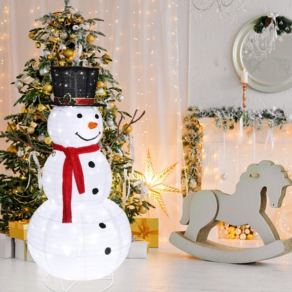 47in Pre Lit Snowman Christmas Garden Decoration with 120 LED Lights White Fleece for Yard