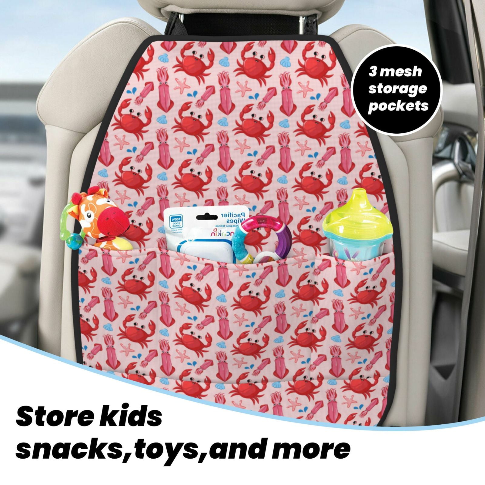 Kdxio Crabs Starfish Print 2 Pack Car Kick Mat Seat Cover Back Protector Mat with Pockets for Organizer Backseat Protector and Storage Anti Kick Pad for Vehicles