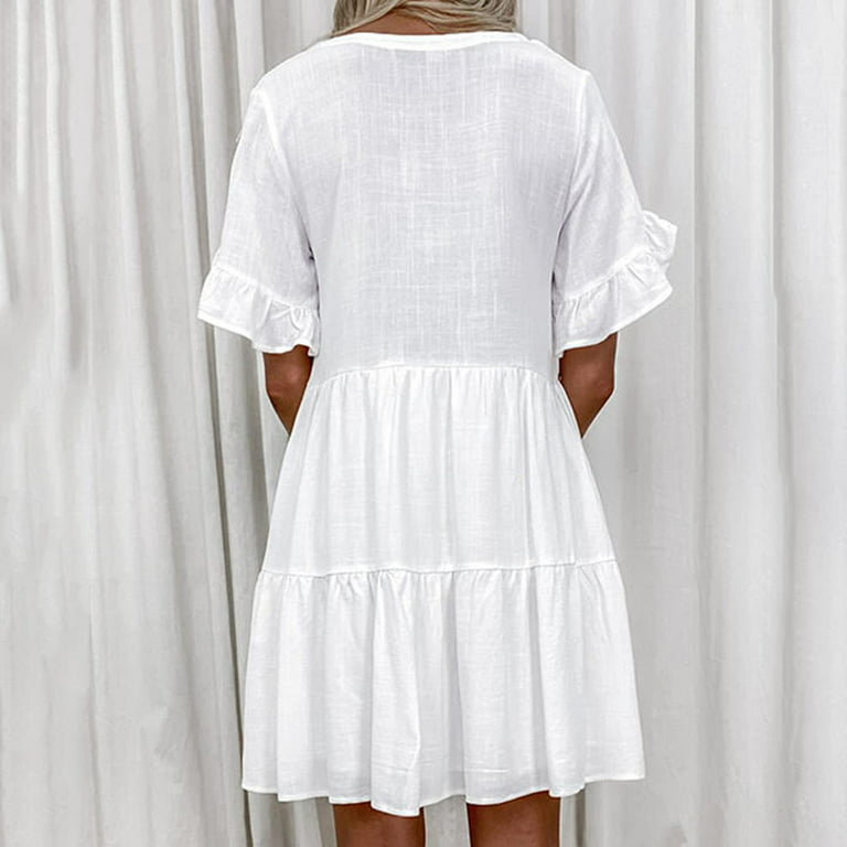 Women’s Summer Cotton Linen Dress with Pockets Ruffle Short Sleeve V Neck  Loose Tiered Swing Tunic Mini Dress