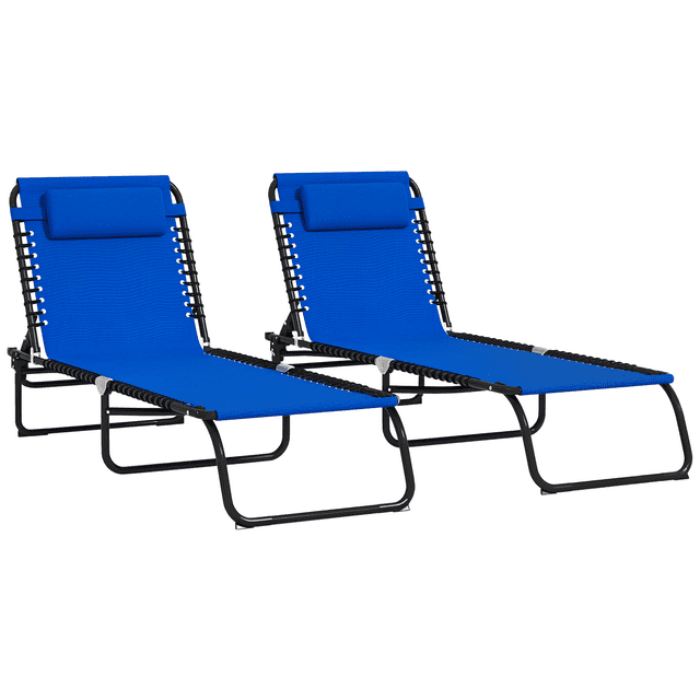 Outsunny 2 Pcs Chaises Longues Pliantes, Chaises Longues avec Appui-Tête Bleu
