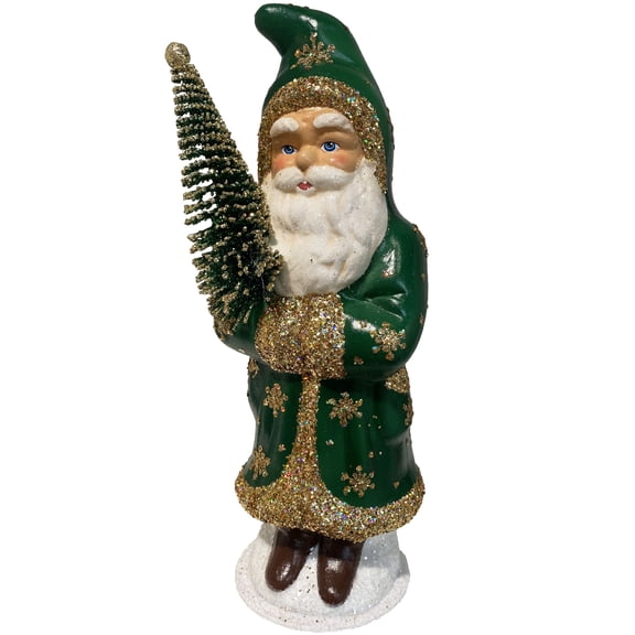 Alexander Taron 11” Paper Mache Santa in Green Coat with Gold Christmas Candy Container