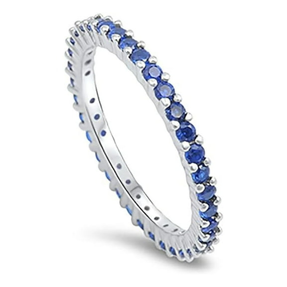 Round 2 mm Blue Sapphire Full Eternity Band Ring Stackable Ring 925 Sterling Silver Gemstone Jewelry For Women Gift