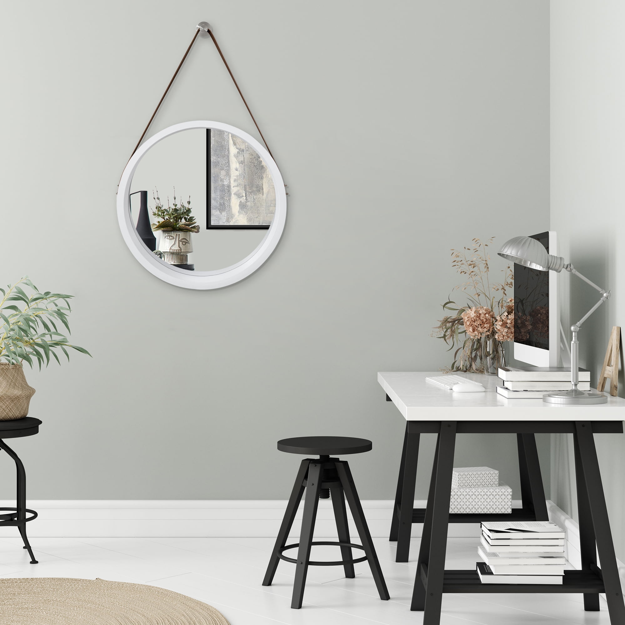 Americanflat - 20x20 White Round Mirror with Strap Circle Mirror for Bathroom, Bedroom, Entryway, Living Room