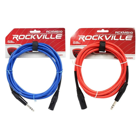 2 Rockville 10' Male REAN XLR to 1/4'' TRS Balanced Cable (Red and Blue)