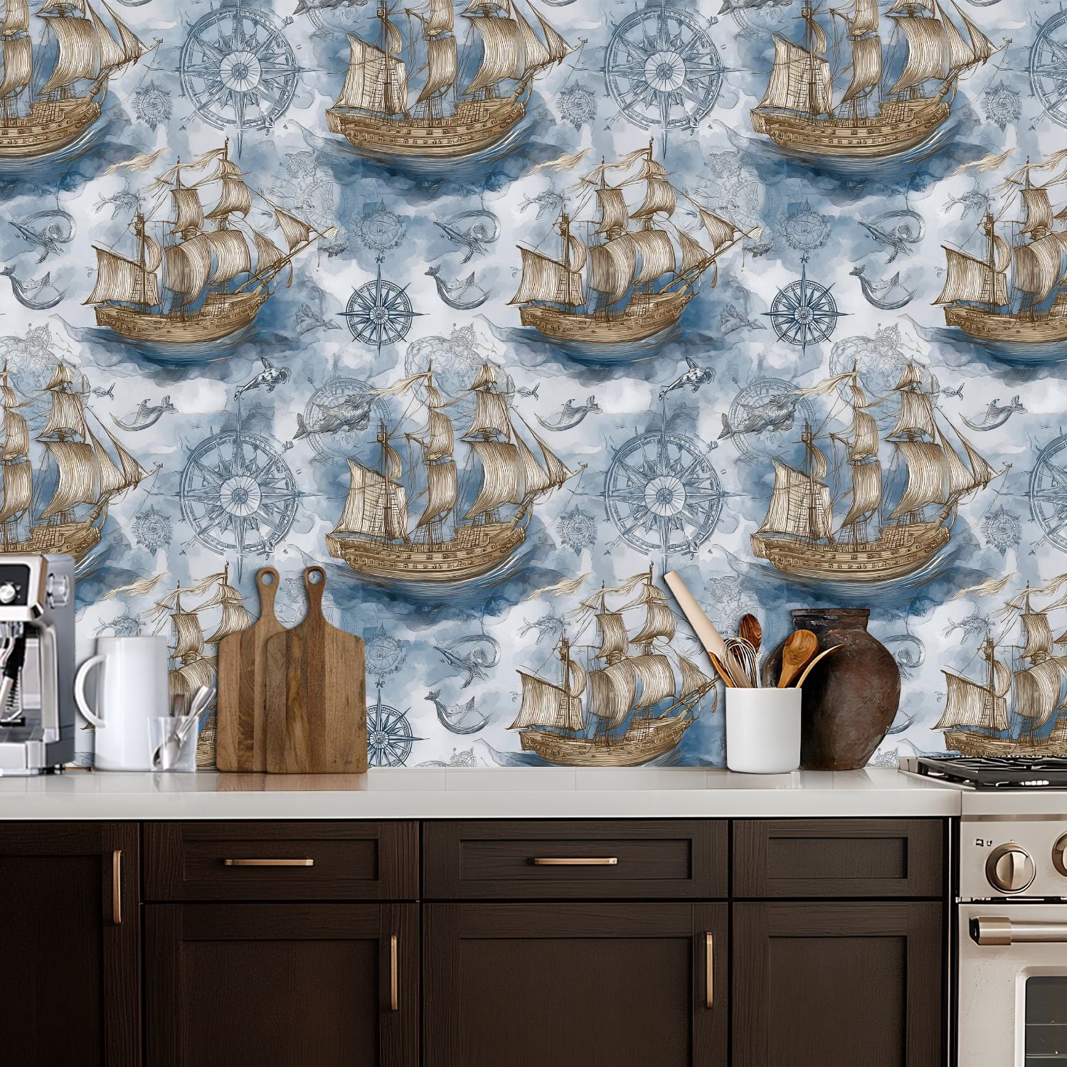 Peel and Stick Wallpaper Sailing Ships Nautical Map Vintage Compass Ocean Wall Mural 17.7in x 9.8ft Self Adhesive Removable Wall Paper Renter Friendly Wallpaper for Bedroom Livingroom Office Studio
