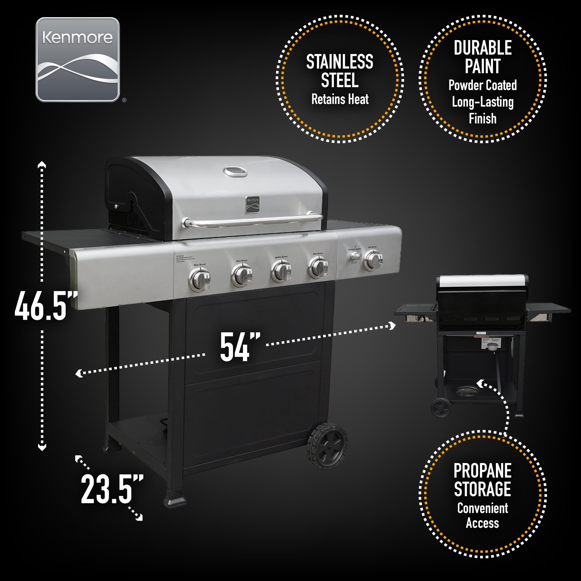 Kenmore 4-Burner Outdoor Propane Gas Grill with Side Burner, Open Cart, Stainless Steel/Black