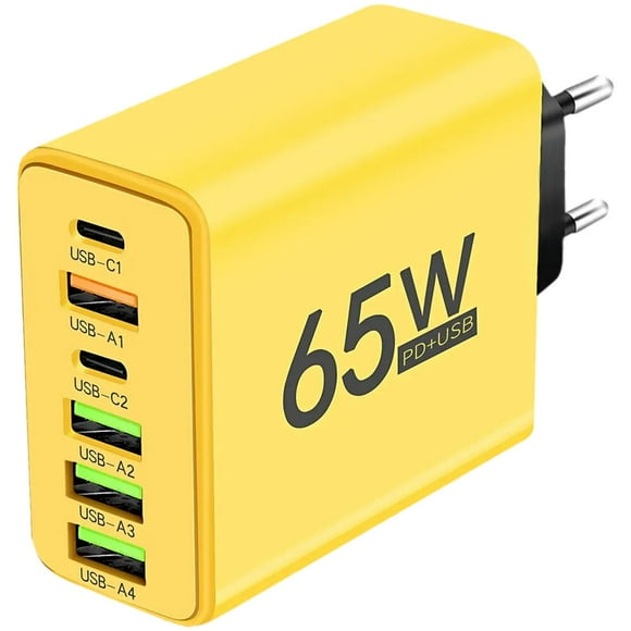 Cargador USB EU HotShot NexusYellowEU 3 Pzas 6 Puertos USB 5V 3A Max 65W 100-240V 50-80Hz Amarillo