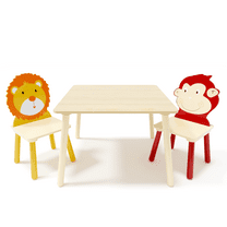 3-Piece Kids Table and Chairs Set, Wooden Toddler Activity Table with Animal Designs, Lion & Monkey Play Table for Eating, Learning and Crafts