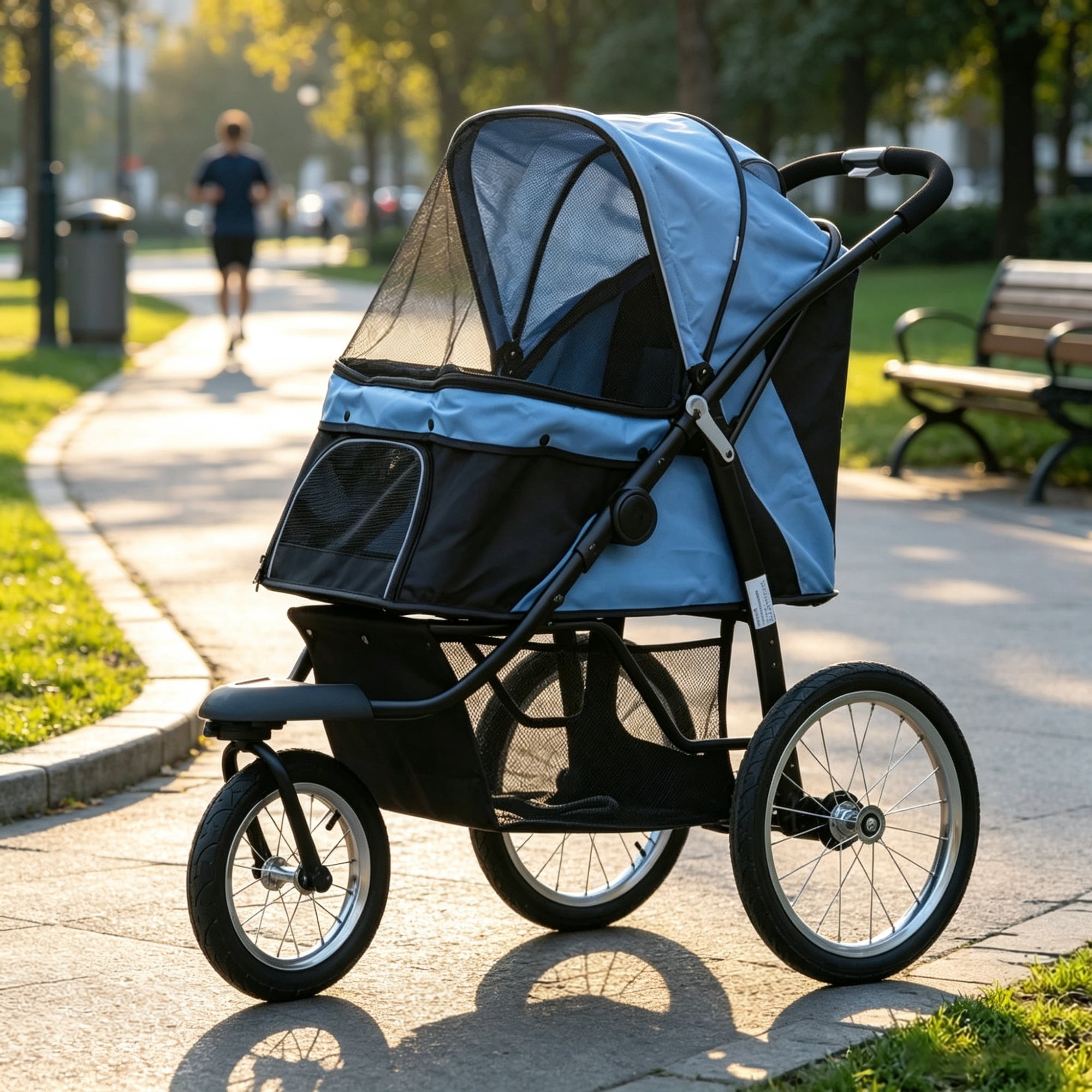 3-Wheel Pet Stroller for Small & Medium Dogs, Adjustable Canopy, Safety Tether, Storage Basket, Blue