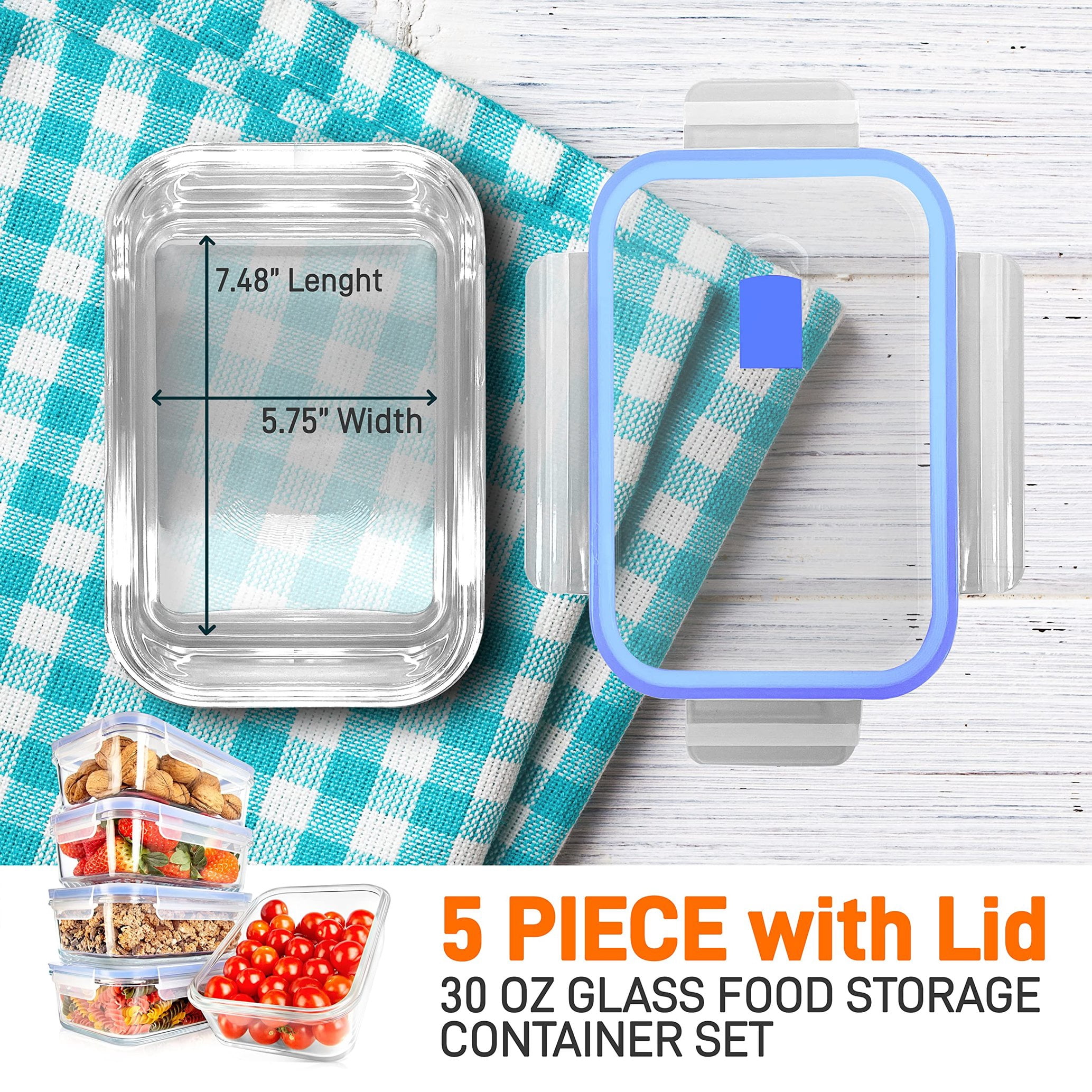 NutriChef 10-Piece Glass Food Containers Stackable Superior Glass Meal-Prep Storage, (Blue)