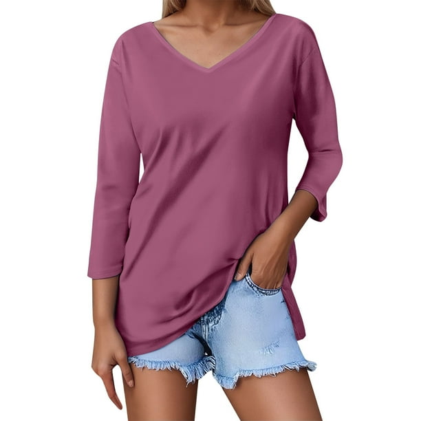 Camiseta de mujer de color liso con cuello en V y manga 3/4 - Cuello en V clásico, tejido ligero y transpirable, versátil para combinar con vaqueros o faldas, talla real.