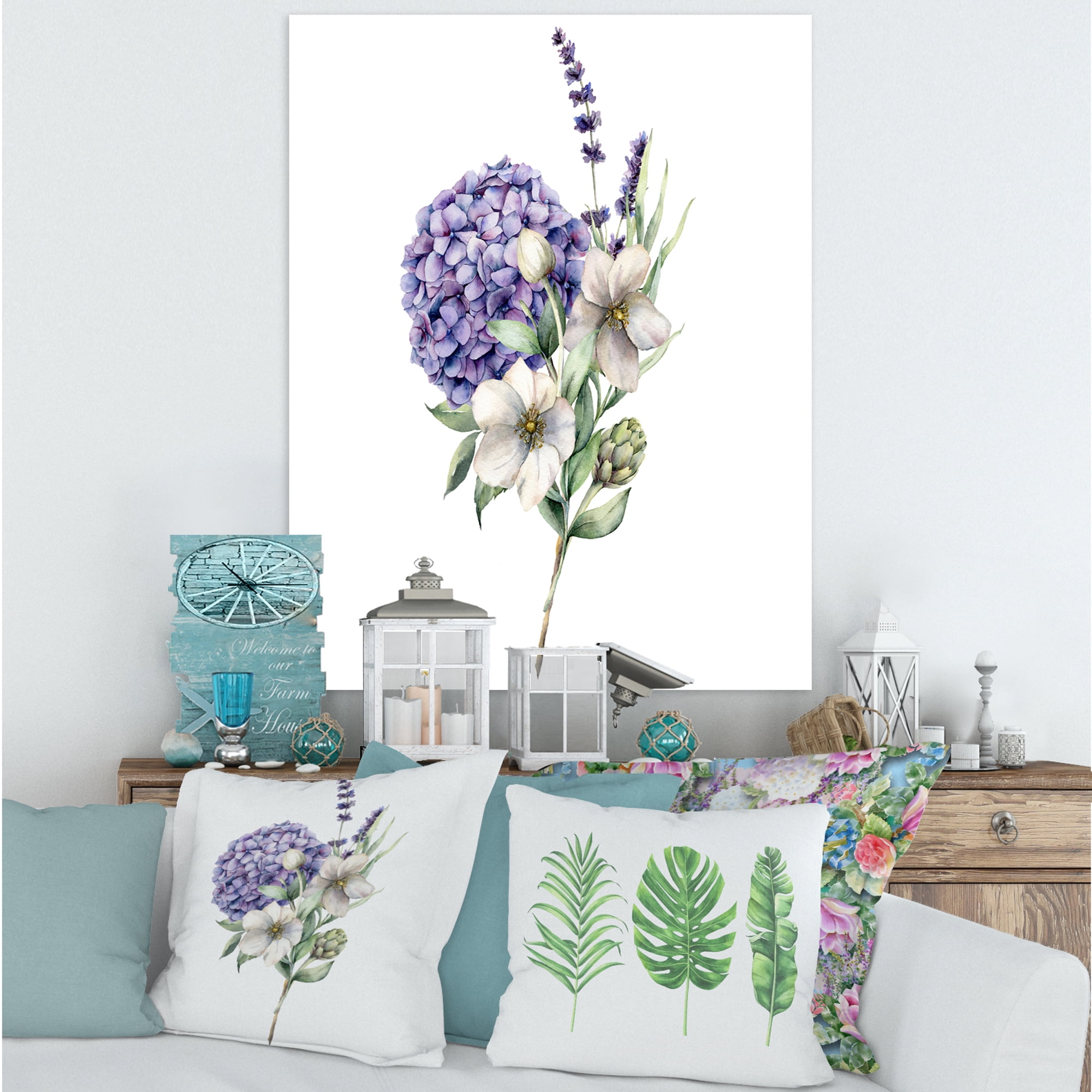 Designart ' Bouquet Of Lavender Anemone Artichoke & Hydrangea ' Traditional Canvas Wall Art Print