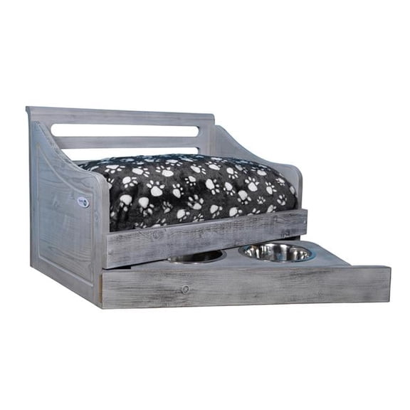Iconic Pet  Sassy Paws Multipurpose Wooden Pet Bed with Feeder, Antique Gray - Medium