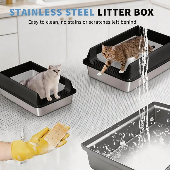 Stainless Steel Cat Litter Box, Open Top Anti-Splash Kitty Litter Pan with Pedal, Large Durable Metal Litter Tray for Big Cats & Multi-Cat Household, Easy Clean & Odor Resistant