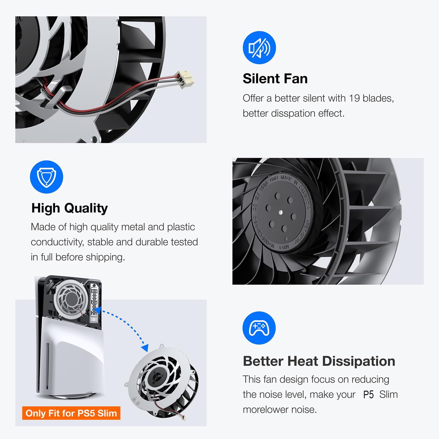 Internal Cooling Fan Replacement Parts for PS5 Slim, Fan Upgrade Replacement Dust Cleaning Kit for PlayStation 5 Slim, 19 Blades Fan Cooler-PS5 Slim