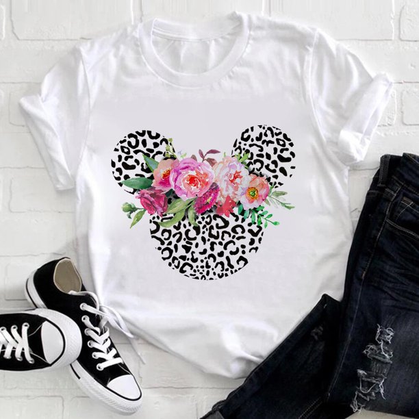 Disney Mickey Mouse Head Print T Shirt Woman Usa Harajuku Youthful Style Disneyland Clothes Aesthetic Fashion Female Tops TeeL Gao Jinjia LED