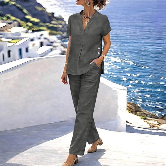 TaTaai Two Piece Casual Sets for Women V-Neck Button Front Top Long Pants with Pockets Drawstring Waist Loose Summer Outfits