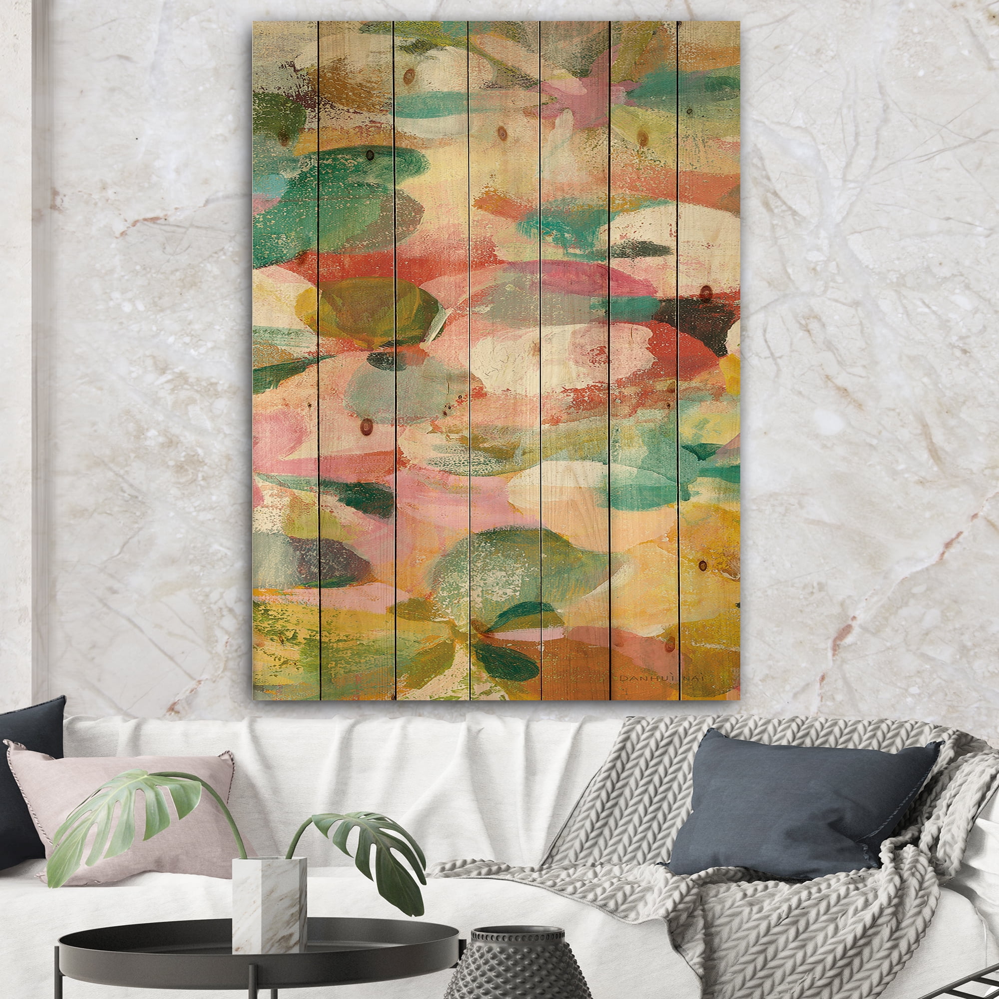 Designart 'Abstract Pastel Flower Painting with Pink and Blue' Cabin & Lodge Print on Natural Pine Wood