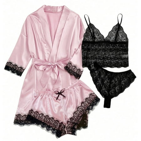 Levmjia Women s Short Sleeve Pajama Sets Nightshirts 4-Piece Women Sexy Garter Lingerie Set Robes Lace Bodysuit Deep-V Neck Underwear