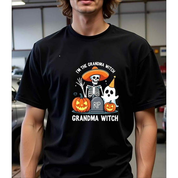 Halloween Cotton Witch Graphic Tee T Shirt Top Grandma Skeleton Pumpkin Design Spooky Short Sleeve Black S-5XL