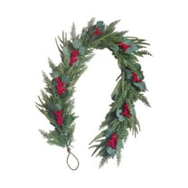 LanSuare 5.9FT Christmas Norfolk Pine Garland, Artificial Garlands with Red Berries Eucalyptus Leaves, Faux Winter Garland for Table, Mantle, Fireplace, Xmas Decorations