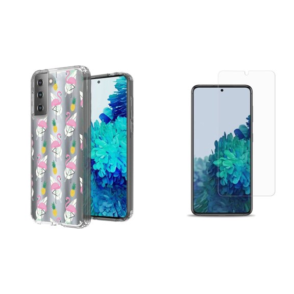 Bemz Hybrid TPU Case for Samsung Galaxy S21 Ultra with (2 Pack) Tempered Glass Screen Protectors and Touch Tool - Flamingo Pineapple Leaves