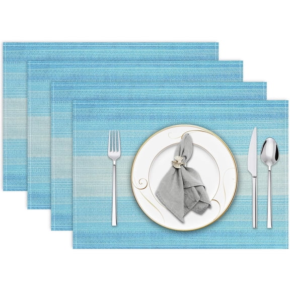 Blue Linen Fabric Placemats Set of 4, 12 x 18 Inch Gradient Table Mats for Kitchen Dining Table, Holiday Party and Daily Decor