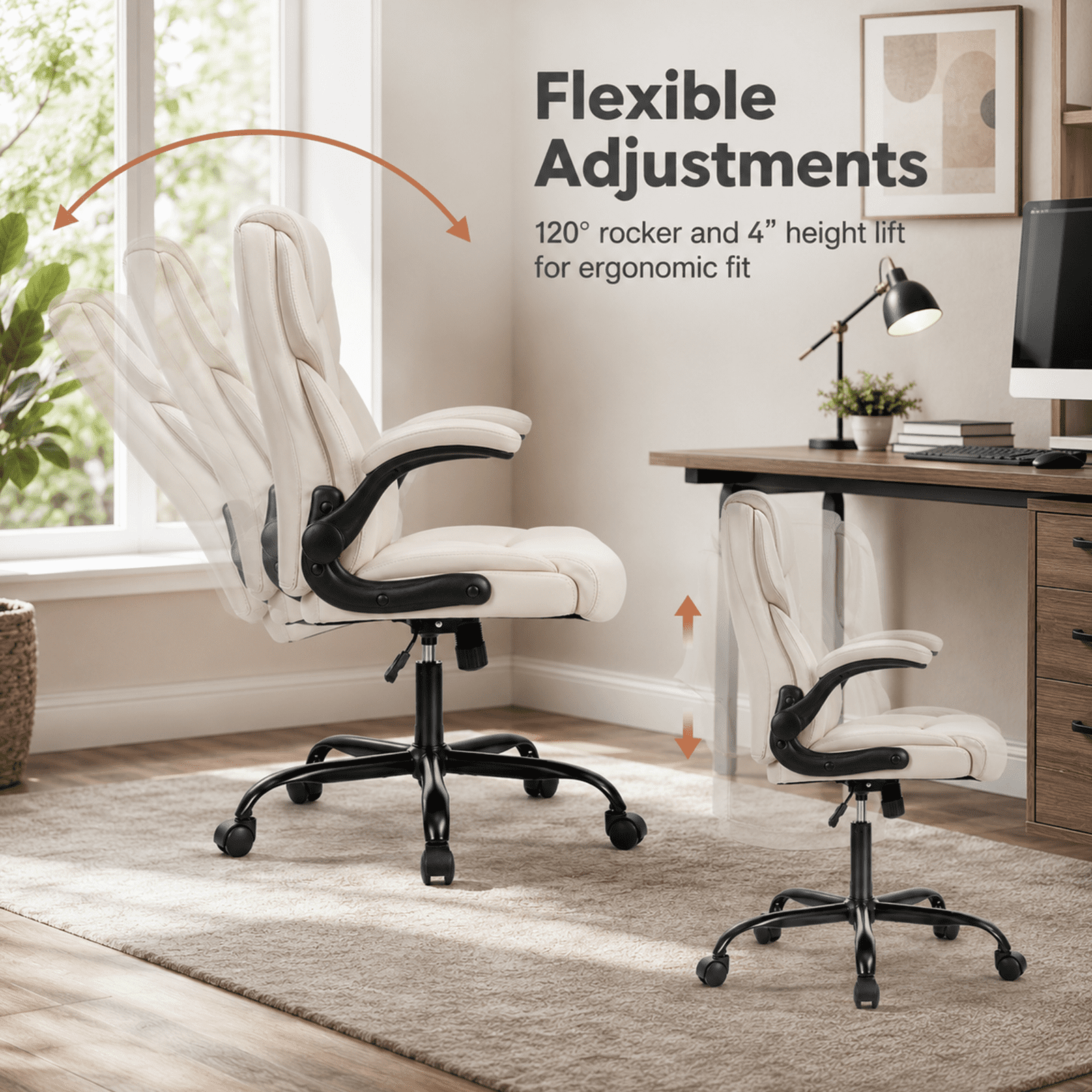 Alvantor PU Leather Executive Office Chair, Ergonomic Big and Tall Computer Desk Chairs, Breathable Leather Chair with Adjustable Flip-up Armrests, Adjustable Lumbar Support, Heavy Duty 300lbs