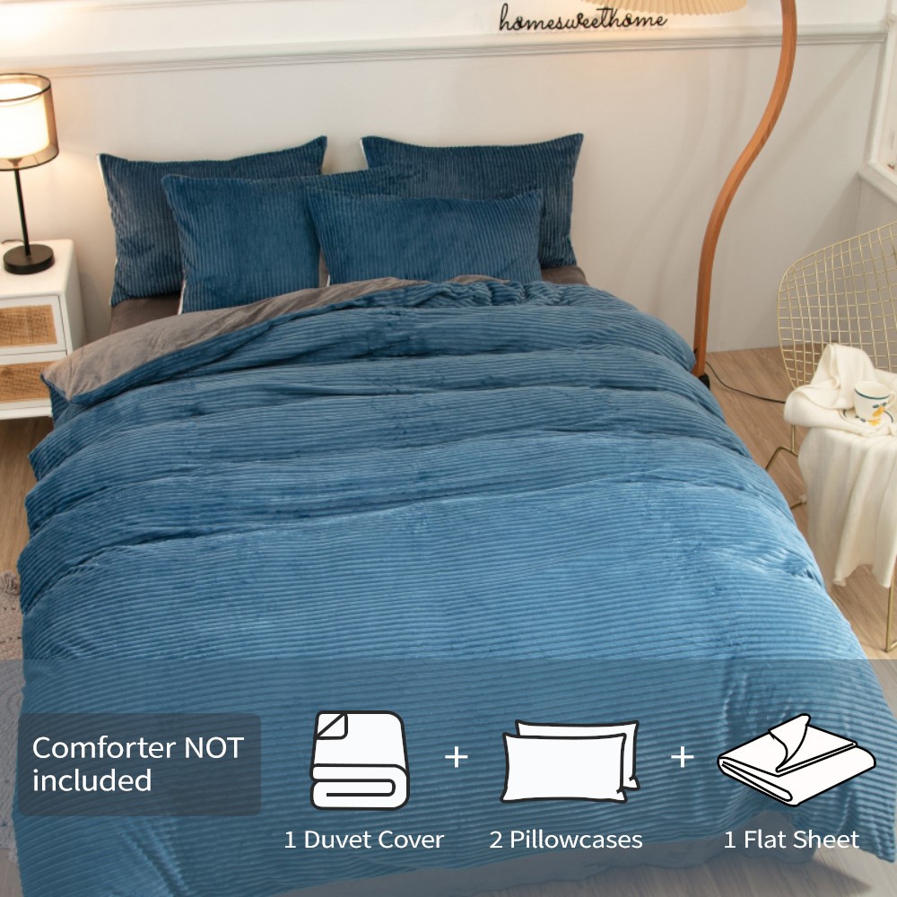 ANMINY 4-Piece Coral Fleece Duvet Cover Set (Comforter NOT Included), 150GSM Soft Warm Pinstripe Bedding with Hidden Zipper & Corner Ties, Full, Gray-Backed