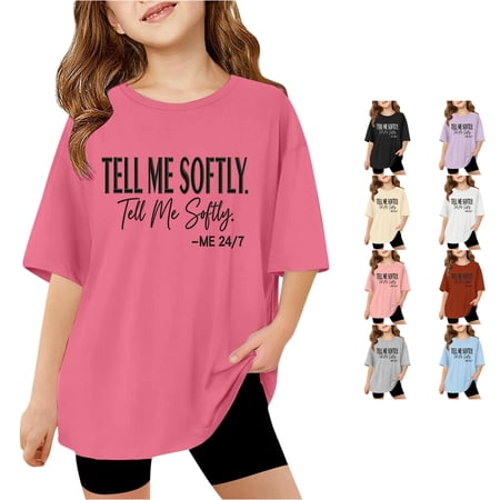 YMNXA Girl S Child Blouses Cute Letter Print Short Sleeve Crew Neck Flowy Breathable Smooth Loose Fit For Summer School Activities Lovely Tops Pink 11-12 Years