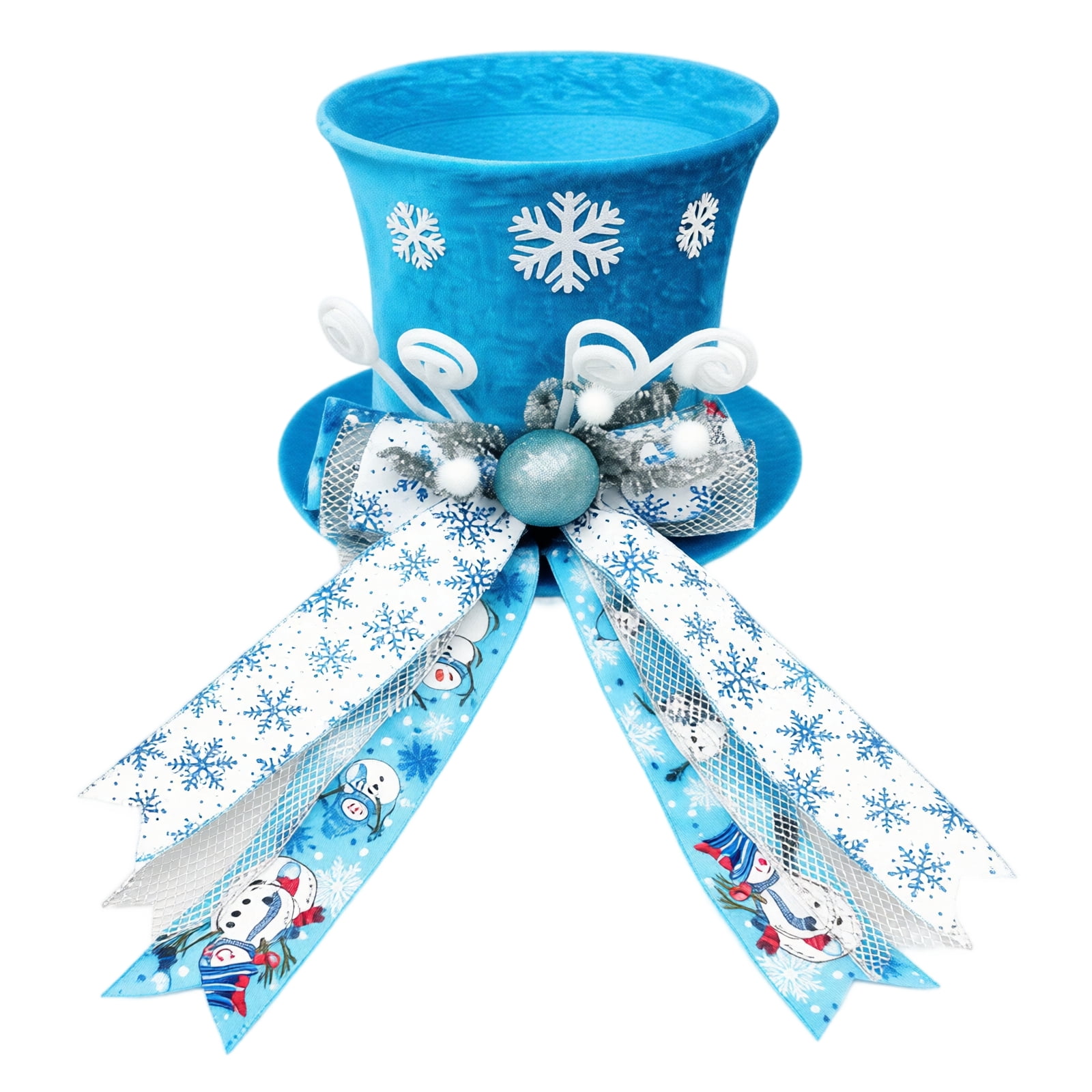 Christmas Tree Topper Snowman Top Hat Decoration with Snowflake Pattern Ribbon Bow Mesh Trim Ornament for Tree Top