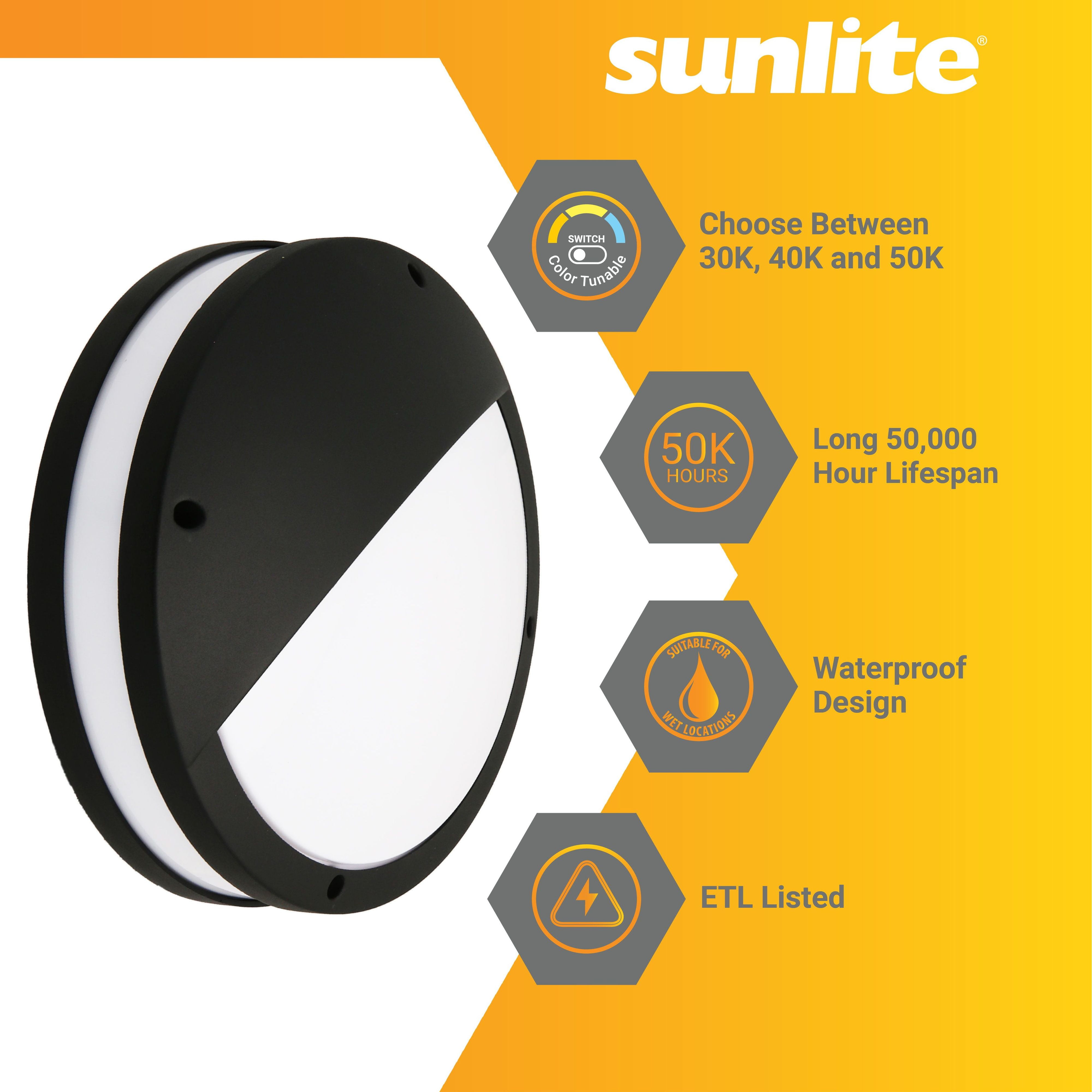 Sunlite 81384 11-Inch LED Outdoor Wall & Bulkhead Round Light Fixture, 20 Watts (70W Equivalent), 1000 Lumens, Dimmable, 50,000 Hour Life Span, Color Selectable 30K/40K/50K, Black Finish, ETL Listed