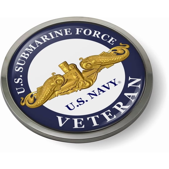 BestLicensePlateFrames - U.S. Navy Submarine Force Veteran with Gold Dolphins Officer Insignia 3D Domed CAR Emblem Badge Sticker Chrome Metal Bezel - Official U.S. Navy Licensed Product