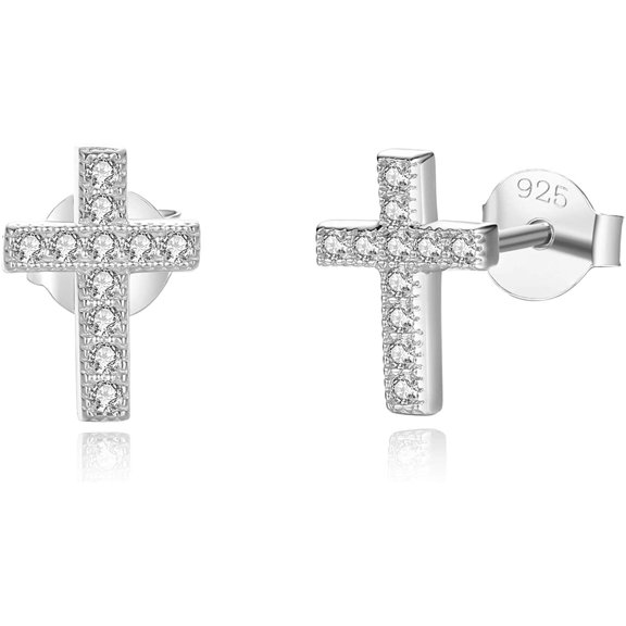 Rhodium Plated 925 Sterling Silver Cubic Zirconia Small Cross Stud Earrings