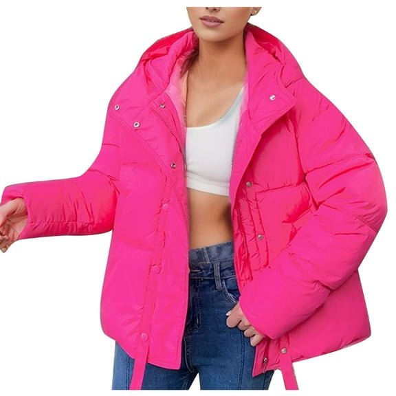 Black and Friday Clothing Sales Idoravan Women's Quilted Puffer Coat,Women's Fall and Winter Long Sleeved Warm Cotton Jacket Bread Hot Pink L