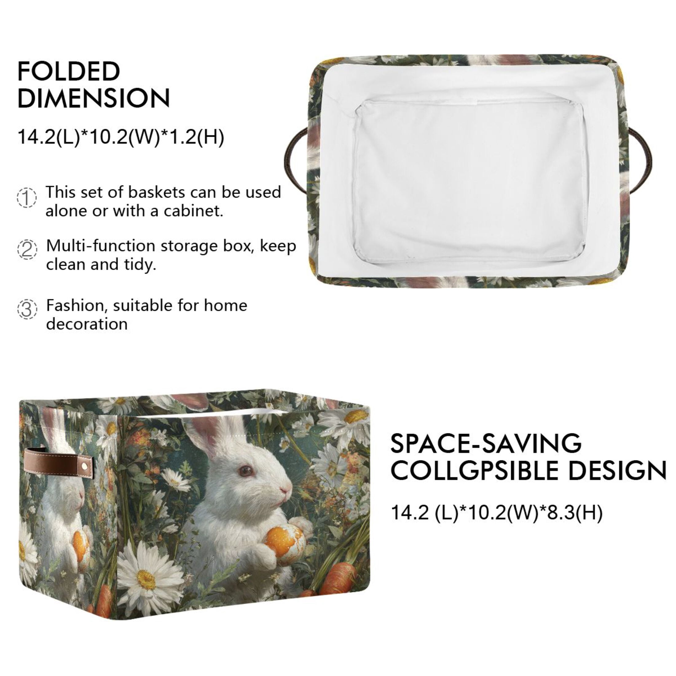 2PCS Square Storage Basket Home Storage Bins Bedroom Storage Basket Closet Storage Fashionable and Durable Cute Rabbit Easter