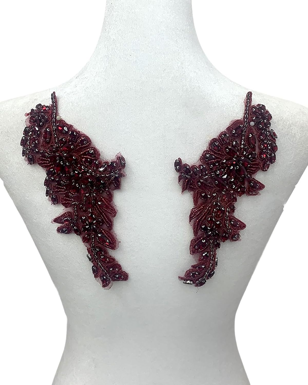 ABPETE 1 Pair Handmade Flower Rhinestone Applique for Clothes, Crystal Fabric Patches for Wedding Dress, Bling Beaded Embroidery Lace Applique for Hat Hairband Sewing Embellishment (Burgundy)