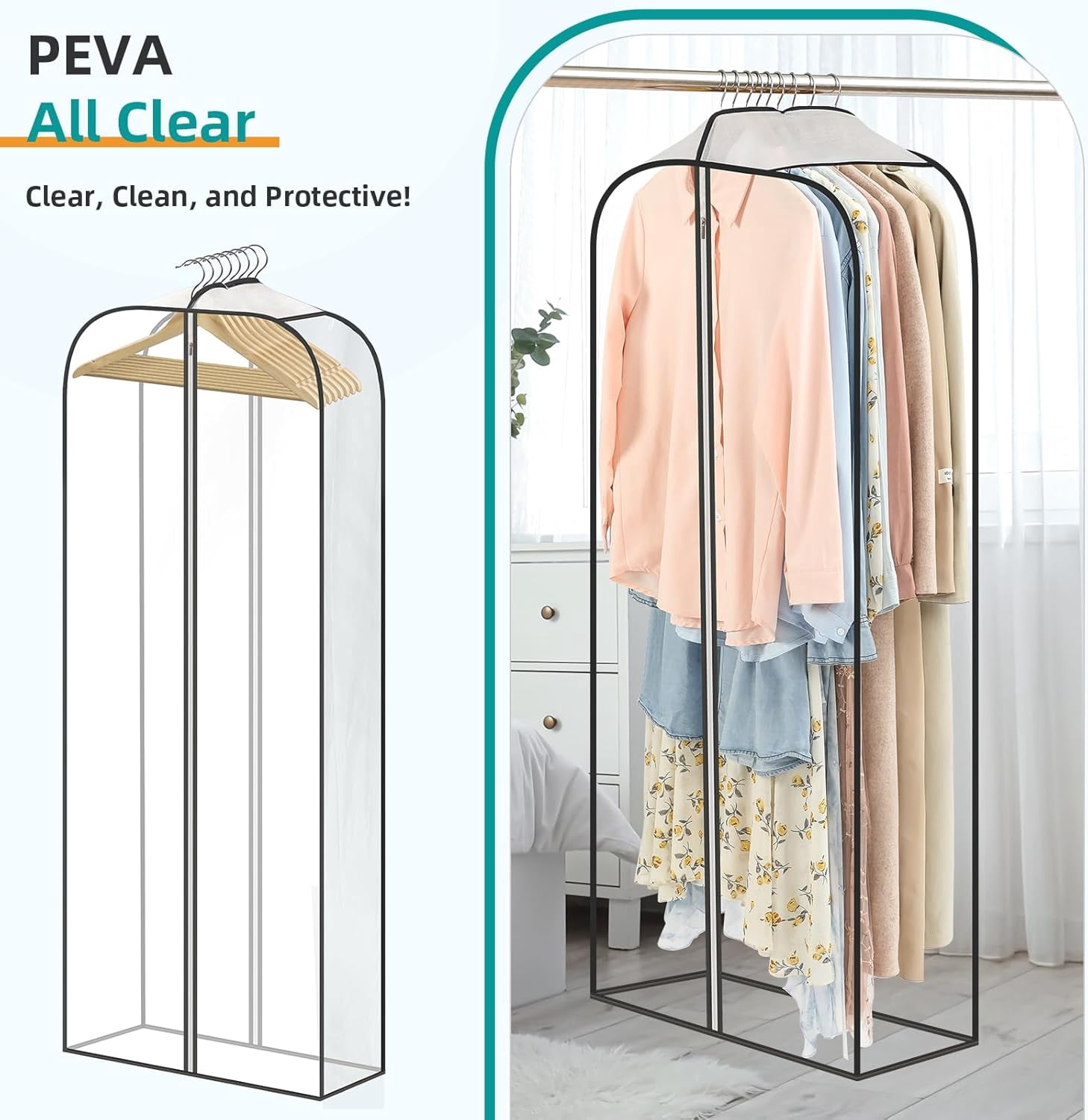 6 Pack Clear Garment Bags for Hanging Clothes with Zippers on Double Sides - 32&40&60" Long Suit Bags - 10'' Clothes Storage for Coat, Dress, and Fur in Closet