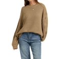 thumbnail image 2 of Women 2-Way Wear Crew Neck Hollow Cable Knit Oversized Long Sleeve Off Shoulder Pullover Sweater Khaki L, 2 of 10