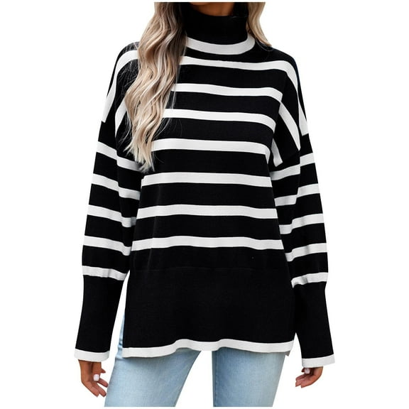RYRJJ Women's Turtleneck Oversized Sweaters Fall Long Sleeve Spilt Hem Tunic Pullover Sweater Striped Knit Jumper Tops(Black,M)