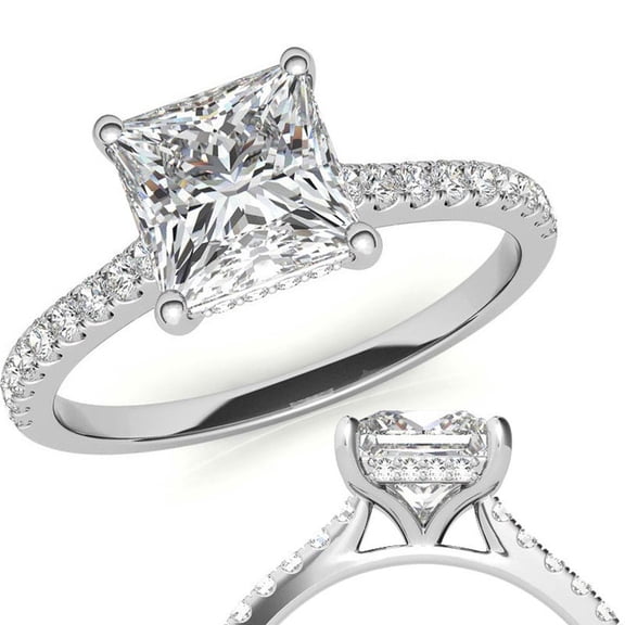 Auory Lab Created Princess Cut Moissanite Ring for Women in White Gold Plated