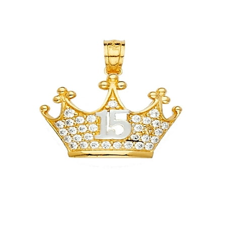 14k Yellow Gold Crown Charm Ioka - 14K Yellow Gold 15 Years Quinceanera Princess Crown or Tiara CZ Charm Pendant For Necklace or Chain ()