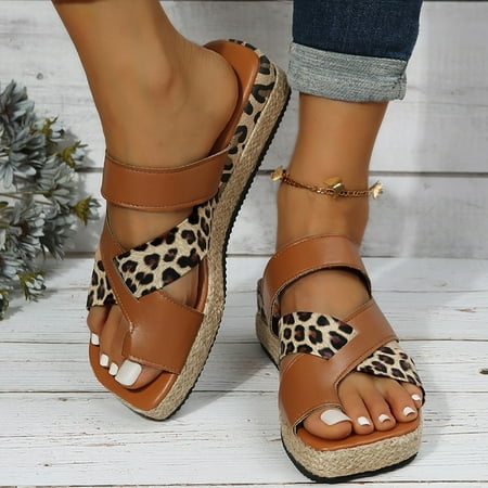 

〖Yilirongyumm〗 Brown 39 Sandals Women Ladies Fashion Leopard Print Leather Round Toe Square Toe Platform Beach Sandals