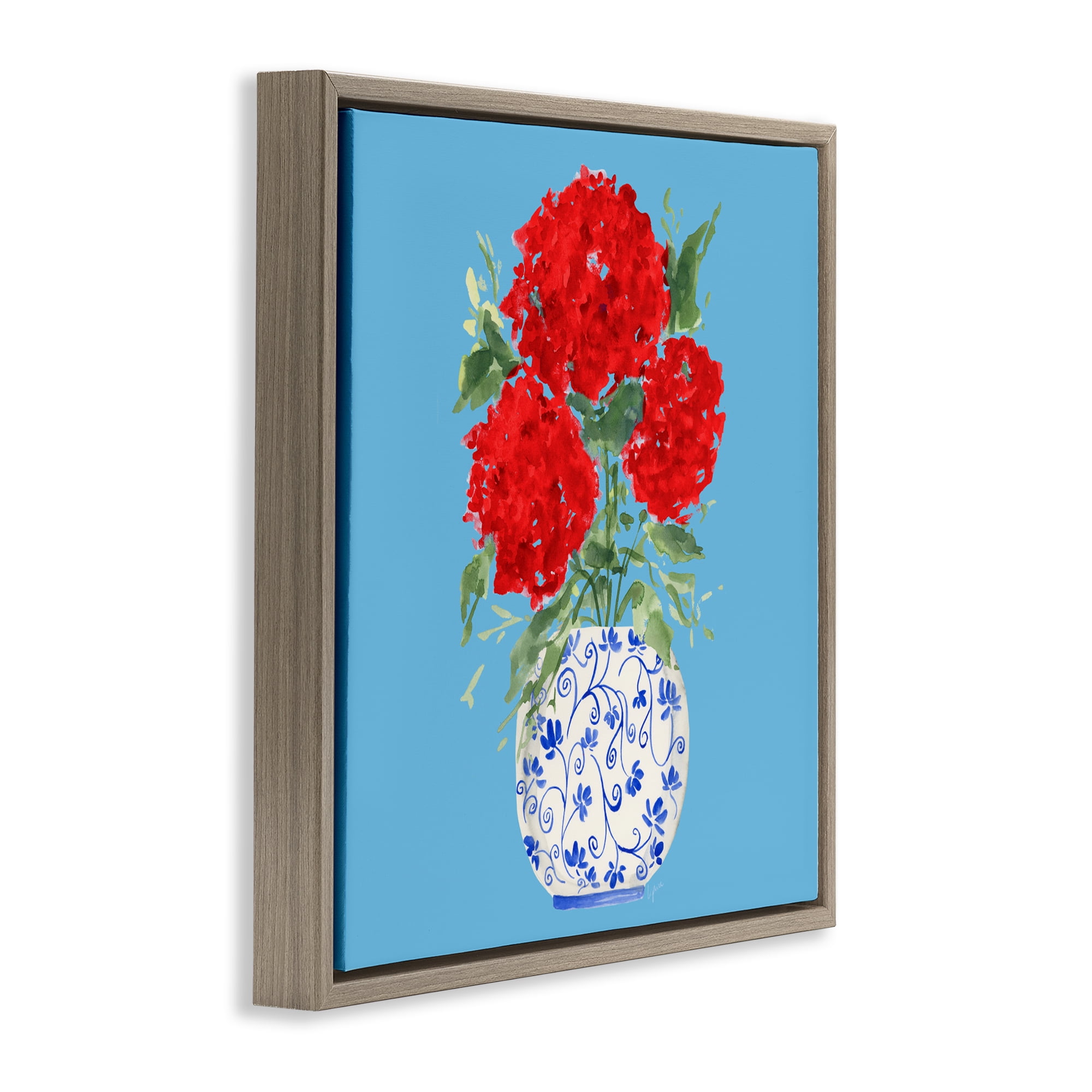 Stupell Industries Bold Red Hydrangea Trio Brown Framed Floater Canvas Wall Art, design by Lucille Price