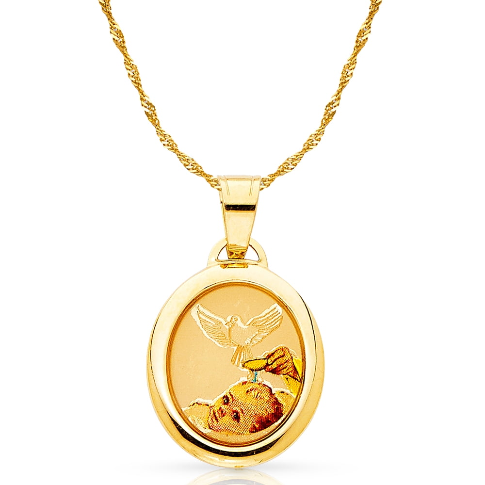 14k Yellow Gold Religious Baptism Medal Pendant with 1.2mm Cable Chain Necklace