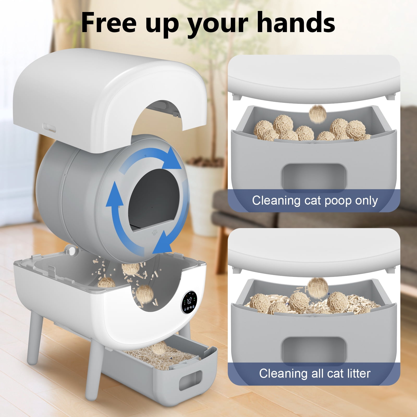 Self Cleaning Litter Box, Large Capacity Automatic Cat Litter Box Self Cleaning for Cats, App Control,Safety Protection, 2 Roll Garbage Bags,White & Grey