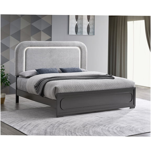 Upholstered Queen Bed Frame with LED Lights and Wood Footboard, Modern Platform Bed for Primary Bedroom or Guest Room, Wenge Finish
