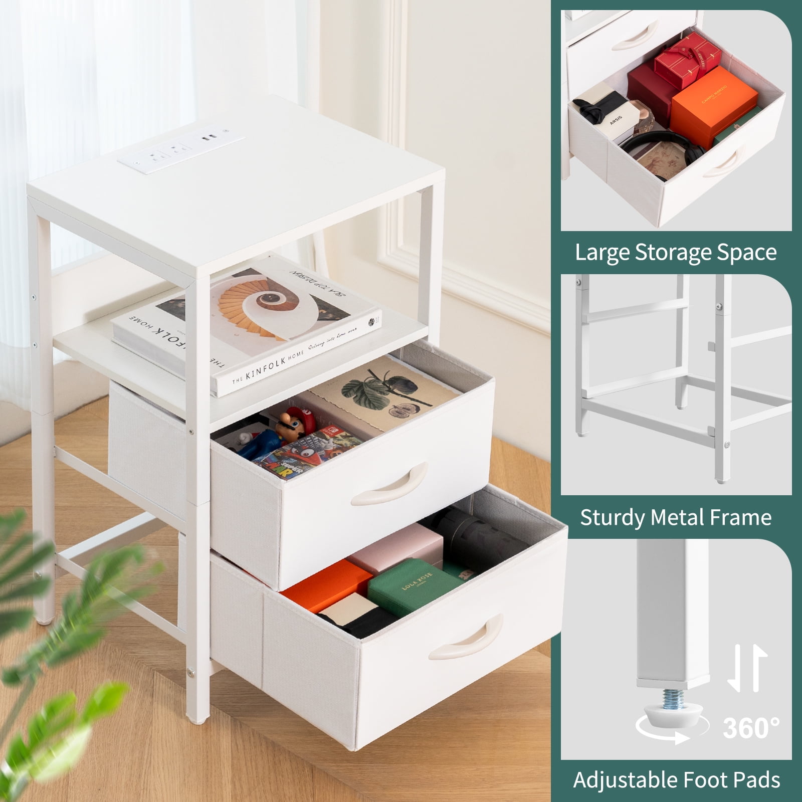 Nightstand with Charging Station, Small Night Stand Fabric Drawers and Storage Shelf for Bedrooms, Nightstands Spaces, Bedside Table USB Ports & Outlets, White