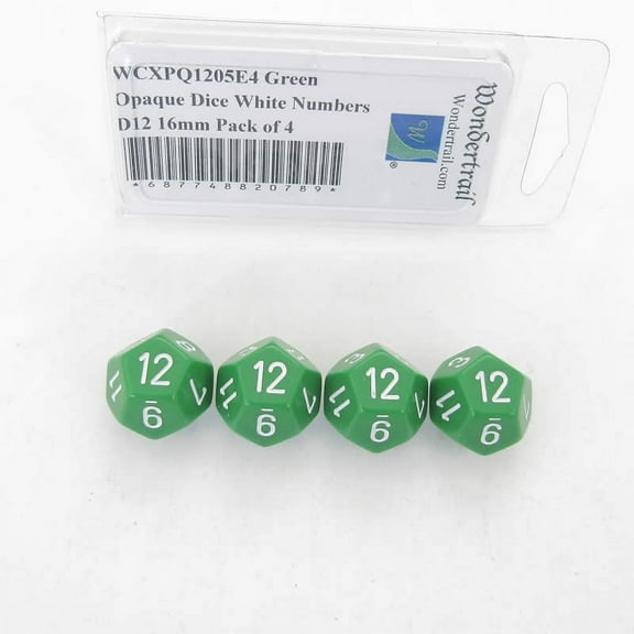 Green Opaque Dice with White Numbers D12 Aprox 16mm (5/8in) Pack of 4 Wondertrail